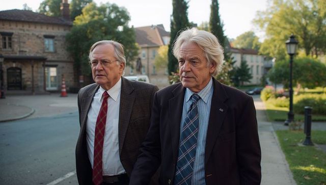 Walking senior businessmen through quiet small-town street wearing suits and neckties