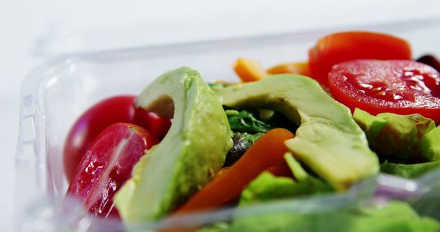 Close-up of a vibrant vegetable salad featuring slices of avocado, tomatoes, lettuce, and carrots in a clear takeout container. Ideal for use in articles or advertisements focusing on healthy eating, nutrition, vegetarian meals, diet plans, and takeout food services. Perfect for promoting food delivery, fresh produce, or health-focused lifestyle content.