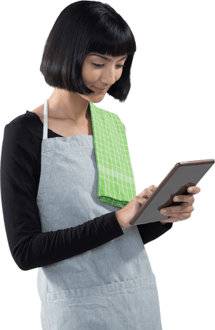 Smiling Woman in Apron Using Tablet on Transparent Background - Download Free Stock Videos Pikwizard.com
