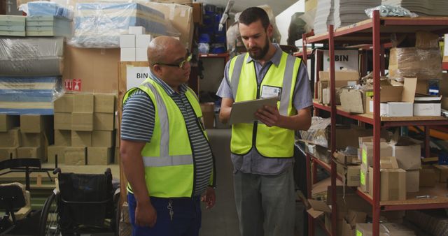 Warehouse Workers Discussing Inventory in High Visibility Vests - Download Free Stock Images Pikwizard.com