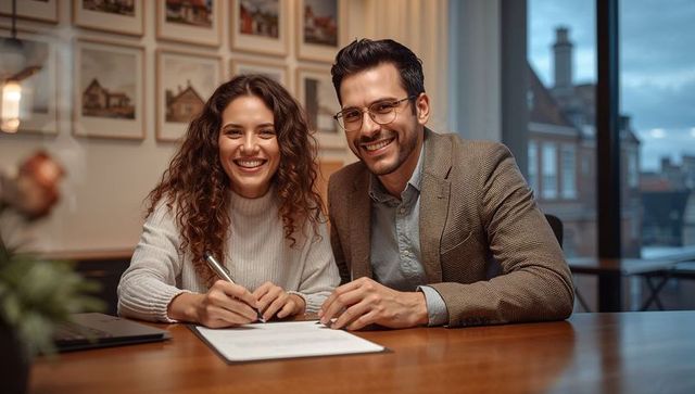 Smiling Professional Couple Collaborates Over Architectural Document
