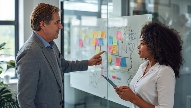 Business leaders collaborating at glass whiteboard with colorful sticky notes and tablet