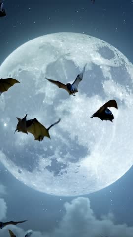 Vertical Moonlit Night Bats Flocking Across Full Moon and Starry Sky