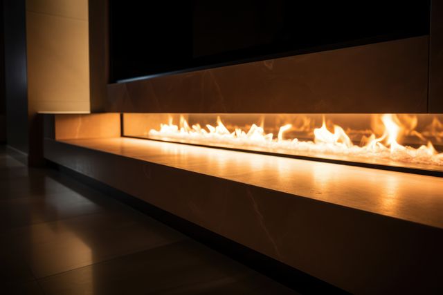 Modern gas fireplace in luxurious living room emits cozy ambiance with warm lighting and sleek design. Perfect for projects related to home decor, interior design, luxury living, and creating a comfortable home atmosphere.