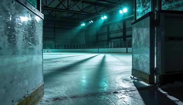 Opening rink doors revealing polished ice surface with hockey net under teal arena lights