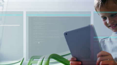 Boy Engaged with Tablet as Code Animations Overlay