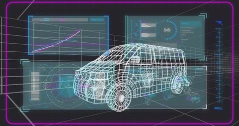 Futuristic Wireframe Van Model in Holographic Display