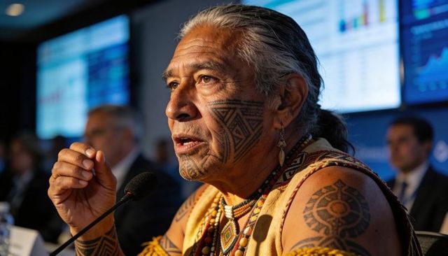 Indigenous elder speaking at conference with facial tattoos, regalia and leadership presence