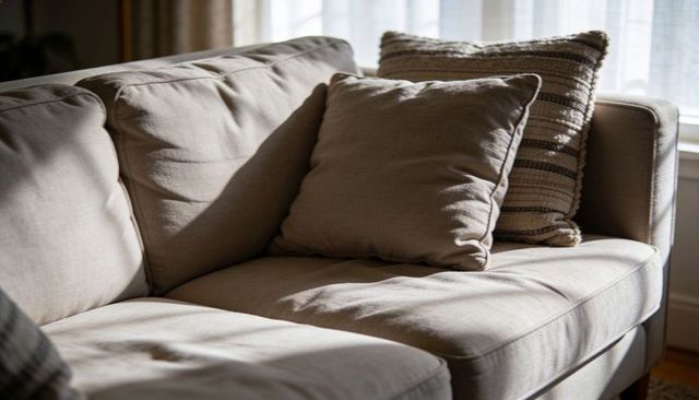 Sunlit neutral sofa catching morning light with cozy pillows and woven textures