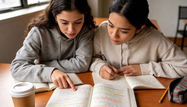 Two students collaborating over highlighted textbooks and notebooks in sunlit study room