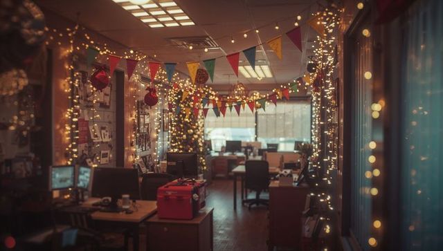 Festive office with holiday decor and christmas tree