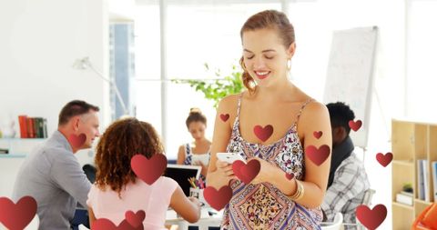 Smiling Woman Texting Surrounded by Digital Hearts