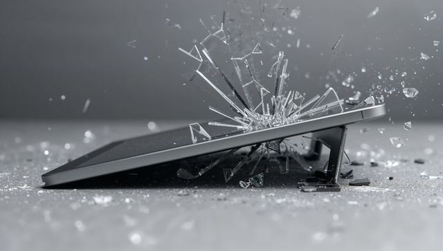 Shattered tablet screen glass shards flying from metal-framed touchscreen on kickstand