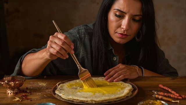 Woman brushing golden glaze onto roti on rustic wooden table with spices