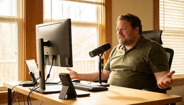 Recording podcast in home studio with boom microphone, desktop monitor and natural light