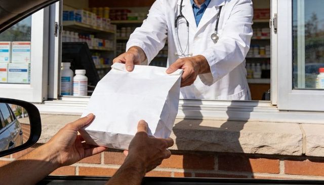 Pharmacist handing prescription bag through drive-up window to customer in car