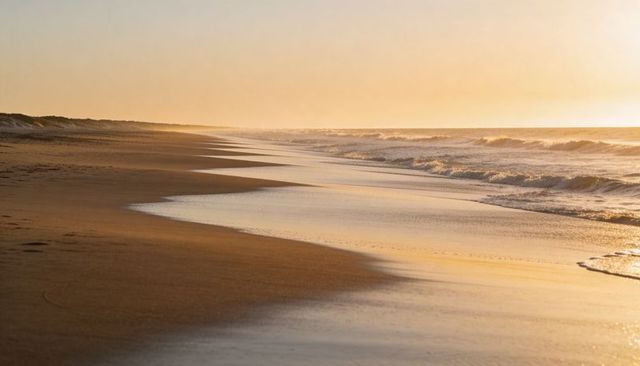 Golden sunrise empty curving beach reflecting wet sand and gentle surf lines coastal glow
