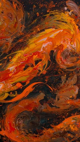 Swirling orange and black fluid paint vertical video, marbled texture, vibrant abstract motion