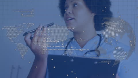 African American Doctor Using Smartphone with Digital Overlay Background