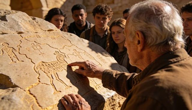 Elderly guide tracing ancient petroglyphs on sandstone slab while group observes