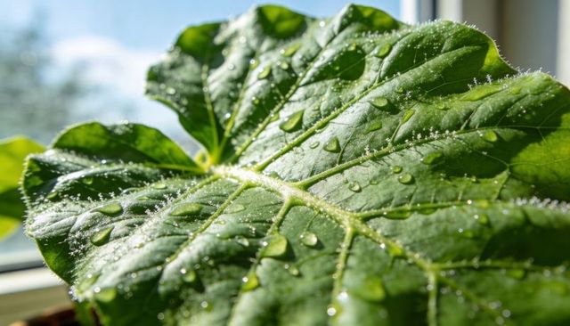 Backlit green leaf with dew and fuzzy trichomes catching morning sunlight, macro texture