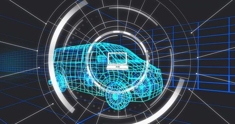 3D Wireframe Van Rotating in Virtual Tunnel with HUD Rings and Cyber Laptop Interface