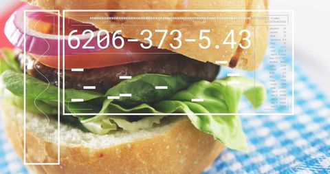 Close-up gourmet burger displaying lettuce tomato onion with futuristic hud overlay
