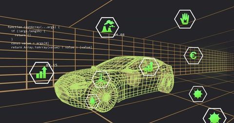 Futuristic Lime-Green Wireframe Car with Data Overlays in Virtual Environment