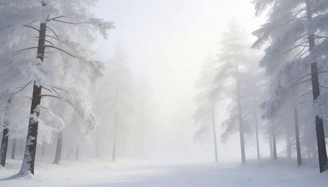 Frost-coated Pines Standing in Snowy Clearing Shrouding in Misty Winter Light