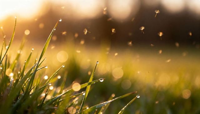 Dew-kissed grass glistening in golden sunrise with floating dandelion seed parachutes