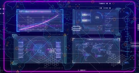 Futuristic Neon HUD Dashboard Displaying Global Analytics Panels in Cyberpunk Interface