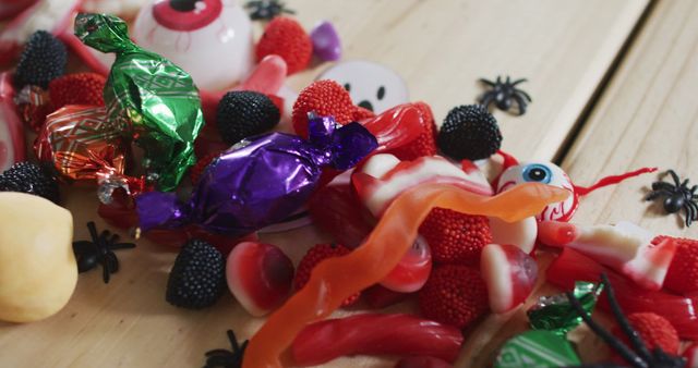 Close up capture of numerous Halloween-themed candies and small toy spiders scattered across a wooden surface. Featuring a mix of brightly colored wrapped candies, gummy treats, and decorative faux eyeballs in vibrant reds, oranges, and blacks. Ideal for use in materials related to Halloween celebrations, seasonal marketing campaigns, or children's parties. Perfect for promotional materials emphasizing festive decorations and holiday spirit.