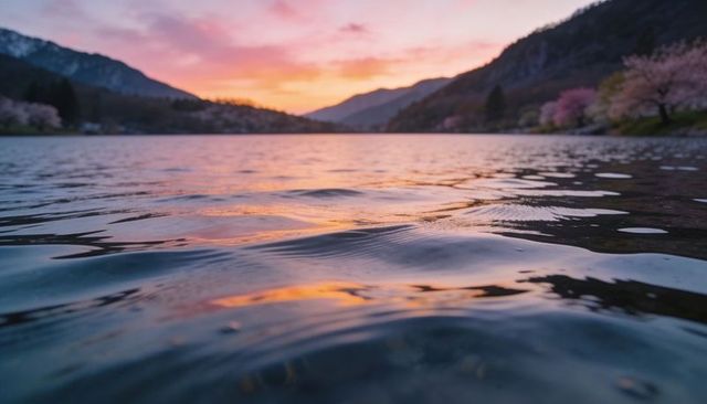 Mountain Lake Reflecting Pink Sunset Blossoms and Gentle Ripples with Alpenglow