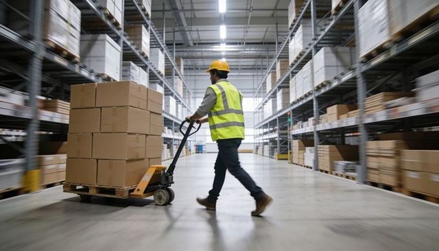 Warehouse worker pushing pallet jack with stacked boxes in industrial distribution center