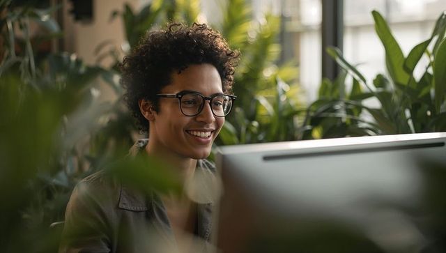 Smiling woman wearing glasses working at biophilic desktop surrounded by office plants