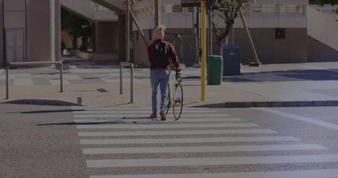 Man with Bicycle Crossing Urban Crosswalk on Sunny Day