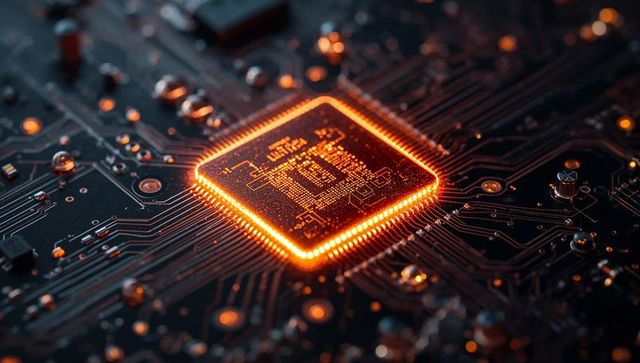 Glowing Orange Microchip on Dark PCB with Copper Traces Futuristic Processor Close-Up Macro