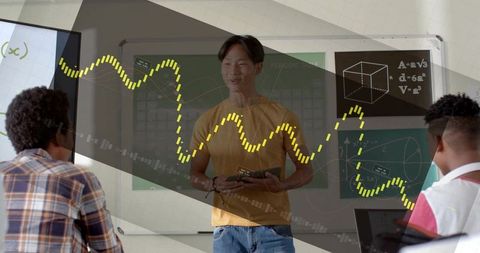 Asian student presenting algebra and geometry lesson with tablet in classroom, graphs