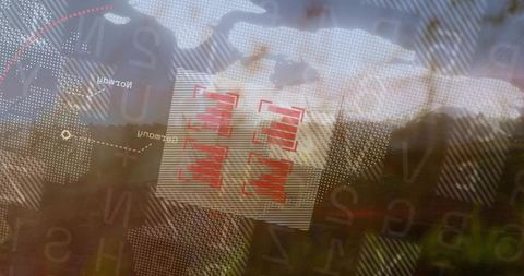 Displaying translucent striped panel with red bar charts over forest reflections and dotted globe