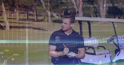 Golfer writing score with binary code overlay technology integration