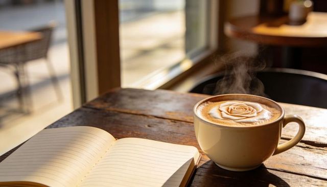 Steaming latte with rose latte art on rustic wooden table by sunlit window with notebook