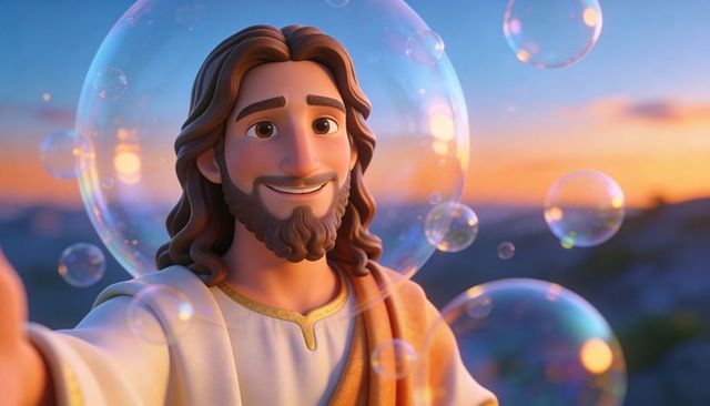 Smiling bearded divine figure reaching out with halo and floating bubbles at sunset hills