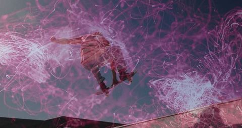 Skateboarder hovering amid neon light trails in urban ramp