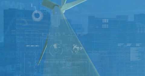 Futuristic Wind Turbine with Digital Data in Urban Setting