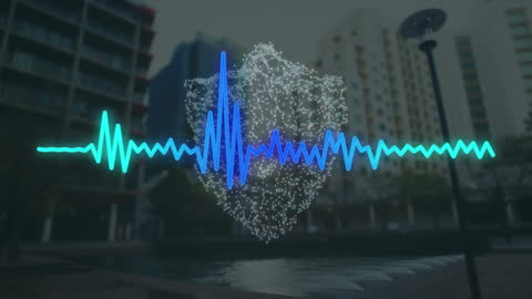 Digital Security Soundwave Over Cityscape