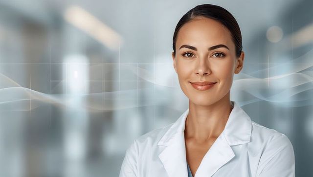 Confident female physician smiling in modern hospital corridor with digital grid overlay