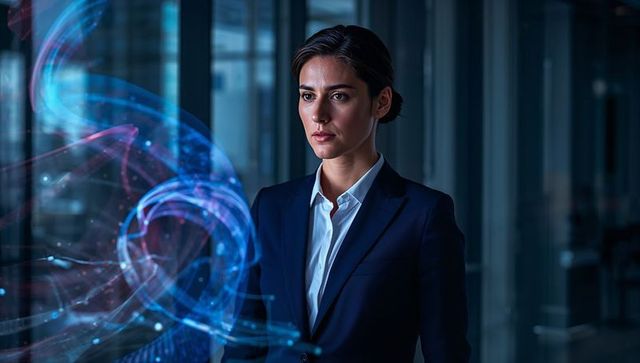 Businesswoman Observing Holographic Data Visualization in Office Corridor, AI Executive