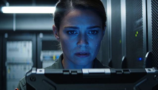 Female it technician inspecting laptop in server room under blue light, looking concerned