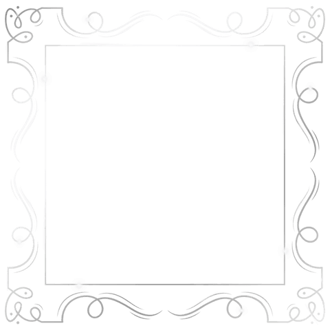 Transparent square frame with ornamental flourishes and glowing orbs