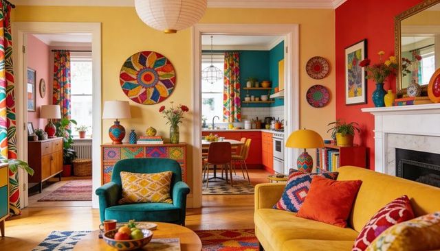 Vibrant eclectic living room with mustard sofa, teal armchair, colorful boho accents